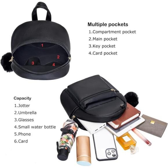 10 Inch Mini PU Backpack with D-Ring & Removable Fluffy Ball Charm for Women Amazon.com | YiXiamo Cute 10 Inch Mini PU Backpack with D  main image 2